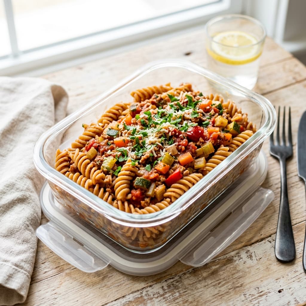 Delicioso macarrão integral com carne moída e molho de tomate